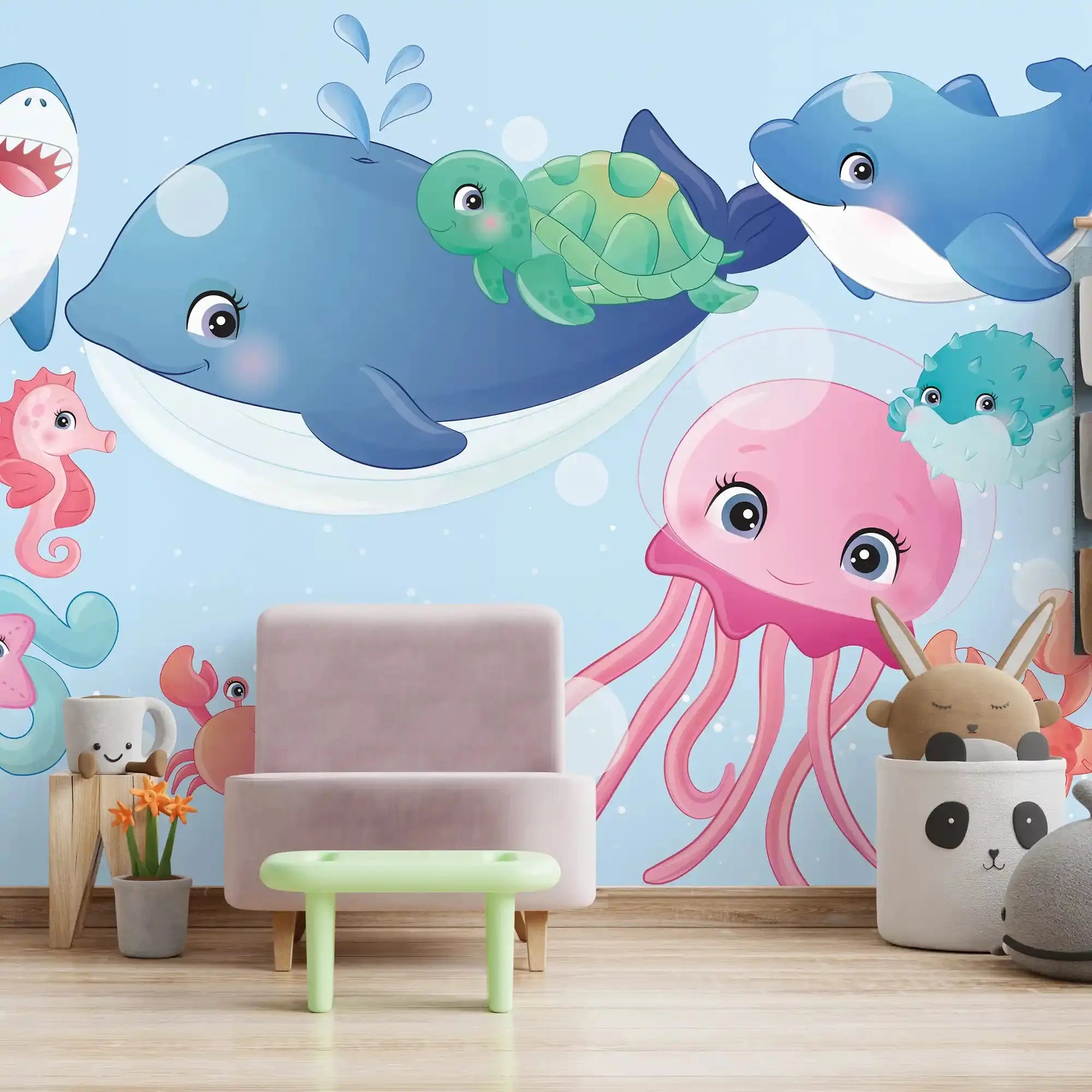 6018 / Nursery Room Peel and Stick Wallpaper: Fun, Removable Under the Sea Animals Mural for Kids Bedroom Decor - Artevella