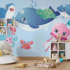 6018 / Nursery Room Peel and Stick Wallpaper: Fun, Removable Under the Sea Animals Mural for Kids Bedroom Decor - Artevella