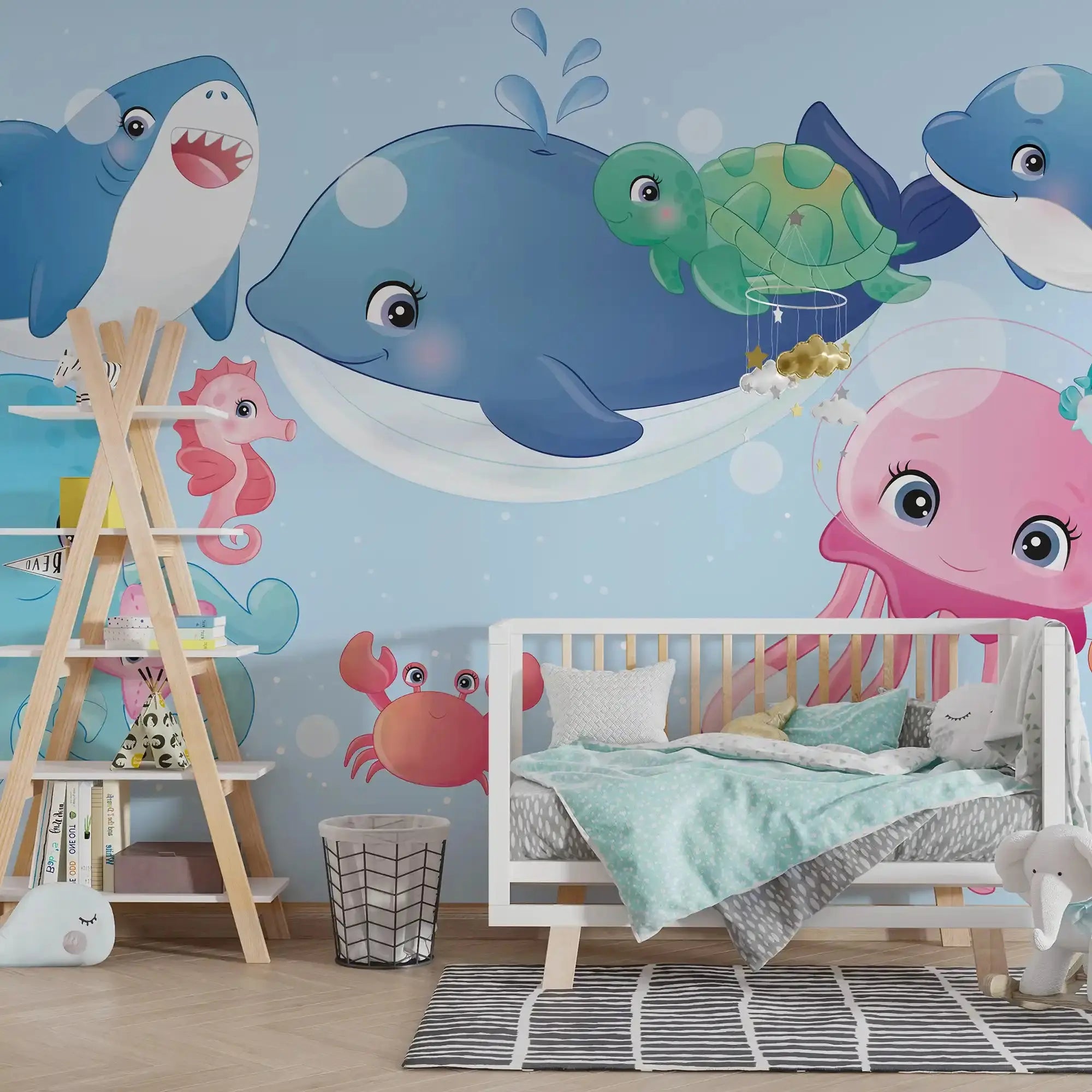 6018 / Nursery Room Peel and Stick Wallpaper: Fun, Removable Under the Sea Animals Mural for Kids Bedroom Decor - Artevella