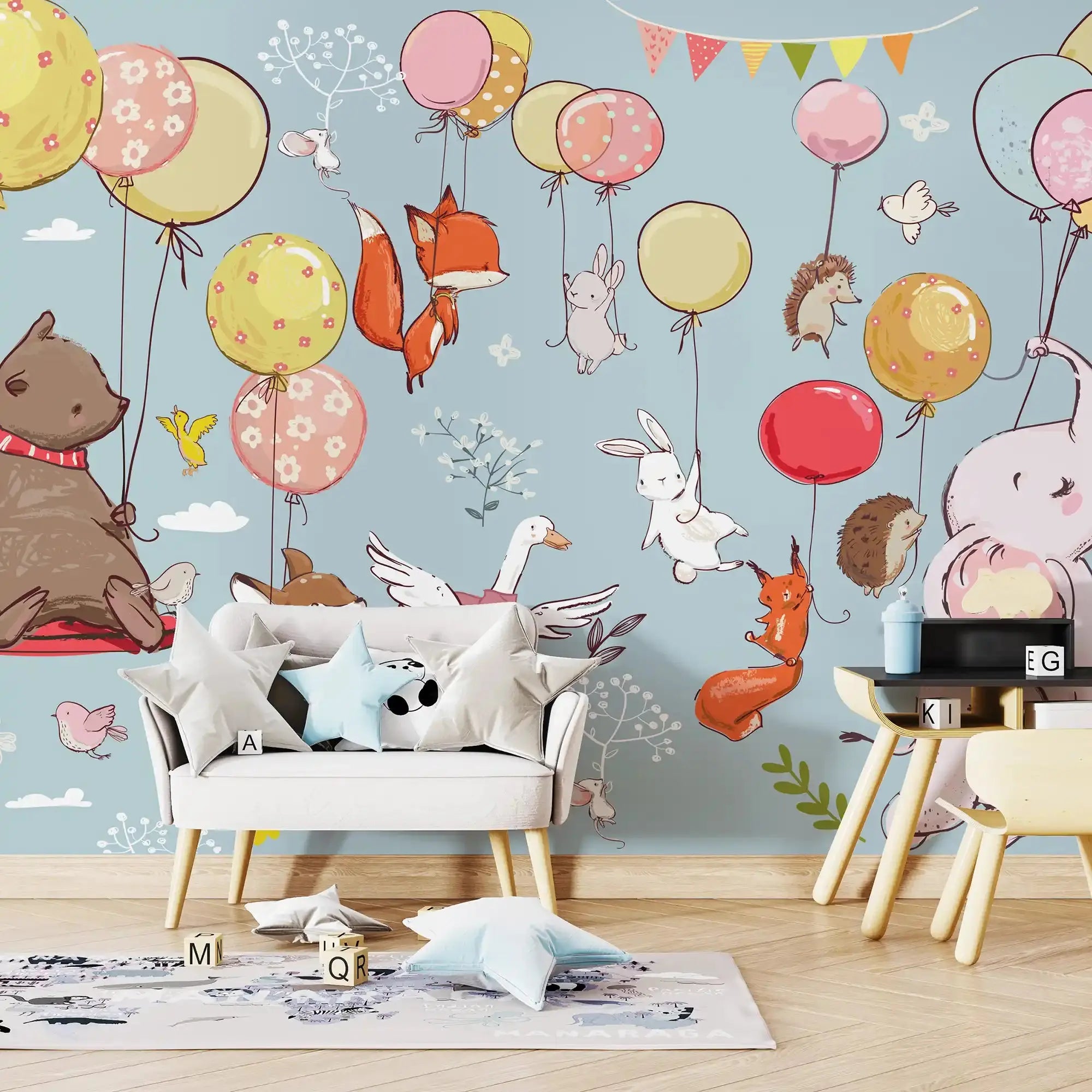 6026 / Baby Nursery Peel and Stick Wallpaper - Fun Cartoon Animals with Balloons Design, DIY Friendly Mural - Artevella