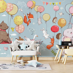 6026 / Baby Nursery Peel and Stick Wallpaper - Fun Cartoon Animals with Balloons Design, DIY Friendly Mural - Artevella