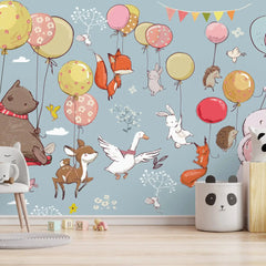 6026 / Baby Nursery Peel and Stick Wallpaper - Fun Cartoon Animals with Balloons Design, DIY Friendly Mural - Artevella