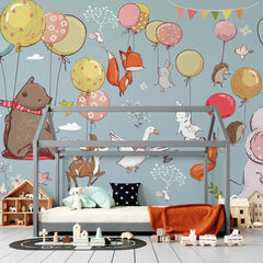 6026 / Baby Nursery Peel and Stick Wallpaper - Fun Cartoon Animals with Balloons Design, DIY Friendly Mural - Artevella