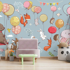 6026 / Baby Nursery Peel and Stick Wallpaper - Fun Cartoon Animals with Balloons Design, DIY Friendly Mural - Artevella