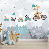 6033 / Peel and Stick Nursery Wallpaper: Cute Giraffe and Zebra Bike Adventure for Kids Room Decor - Artevella