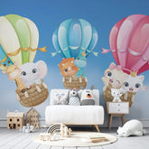 6053 / Nursery Decor Peel and Stick Wallpaper - Sky and Clouds with Colorful Animal Hot Air Balloons - Artevella