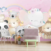 6058 / Peel and Stick Nursery Wallpaper with Cute Animal Designs on Pink Background - Artevella