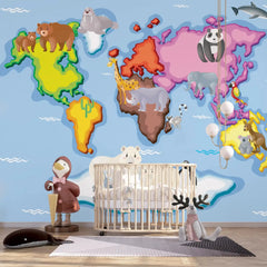 6060 / Child Room Decorative Wallpaper: Peel and Stick World Map, Animal Theme, Toddler Bedroom Decor - Artevella
