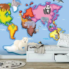 6060 / Child Room Decorative Wallpaper: Peel and Stick World Map, Animal Theme, Toddler Bedroom Decor - Artevella