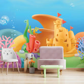 6064 / Underwater Castle Peel and Stick Wallpaper: Oceanic Cartoon Scene for Nursery and Kids Room Decor - Artevella