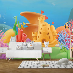 6064 / Underwater Castle Peel and Stick Wallpaper: Oceanic Cartoon Scene for Nursery and Kids Room Decor - Artevella