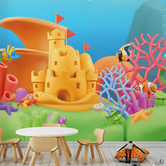 6064 / Underwater Castle Peel and Stick Wallpaper: Oceanic Cartoon Scene for Nursery and Kids Room Decor - Artevella