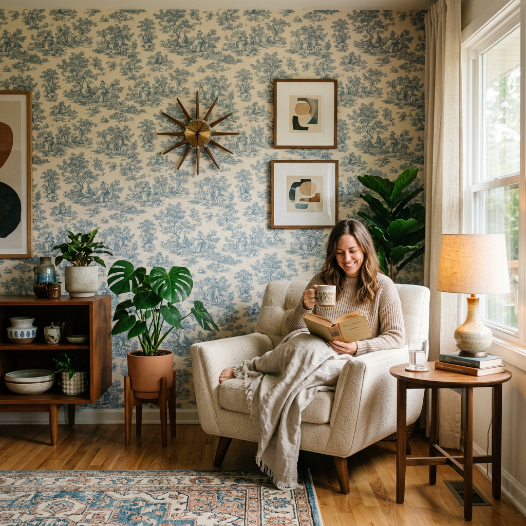 Dusty Blue Toile Wallpaper in Mid-Century Modern Spaces