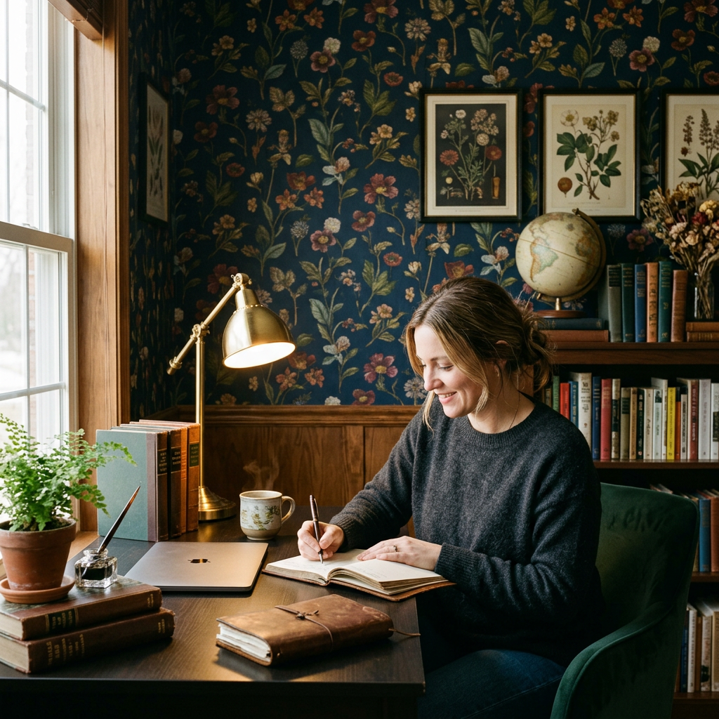 Styling Dark Academia Navy Floral Wallpaper in Home Offices
