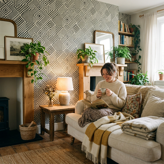 Cottagecore Living Rooms: Black & White Geometric Wallpaper