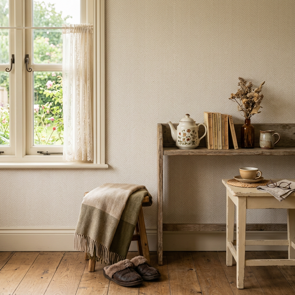 Cream & Beige Herringbone Wallpaper: Cottagecore Trends
