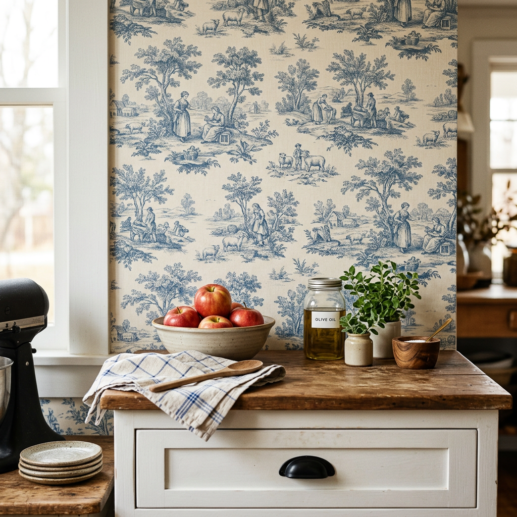 Warm Neutral Toile Backsplash Wallpaper: Farmhouse Style
