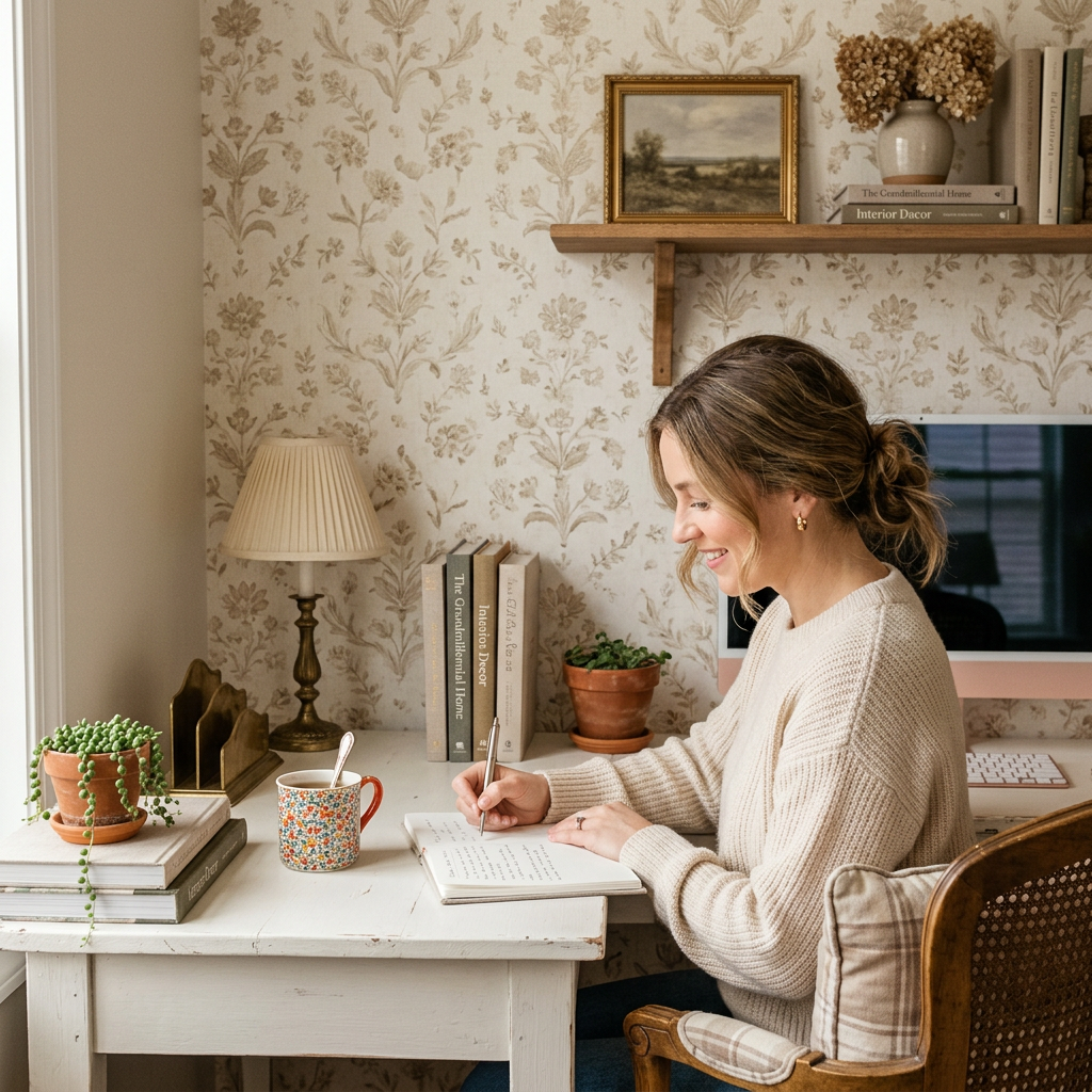 Warm Neutral Grandmillennial Home Office Wallpaper Guide