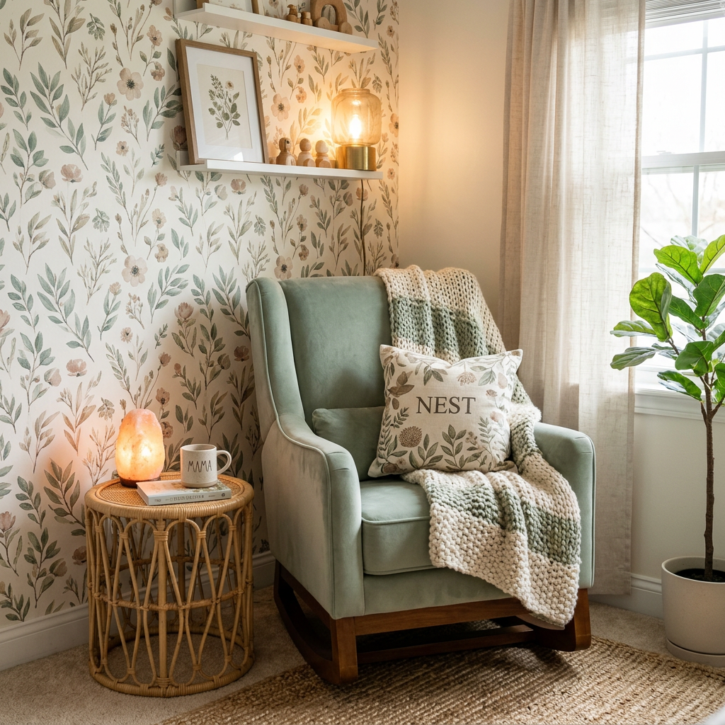 Coordinating Wallpaper with Nursing Chair and Textiles