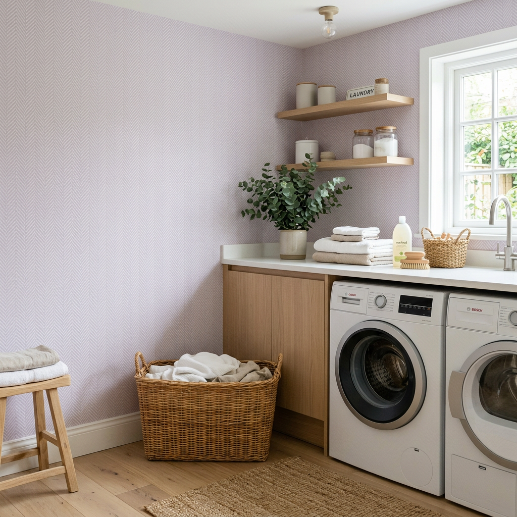 Lilac Herringbone Wallpaper Ideas for Scandi Laundries