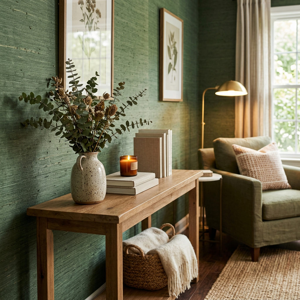 Forest Green Grasscloth in Modern Rustic Decor