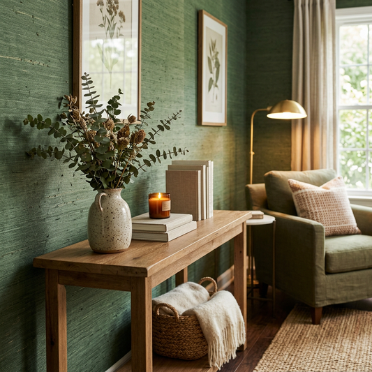 Forest Green Grasscloth in Modern Rustic Decor
