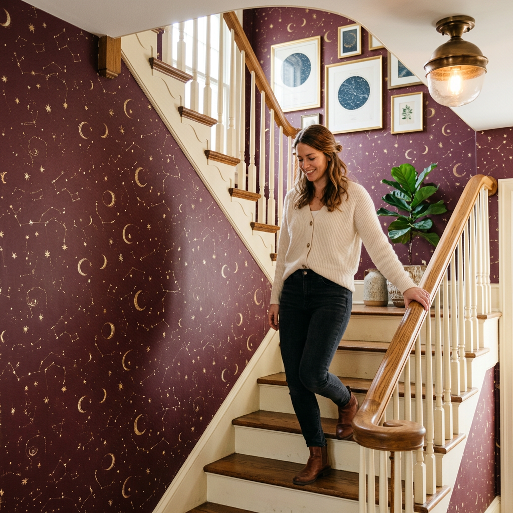 How to Style Burgundy Celestial Wallpaper in a Stairwell