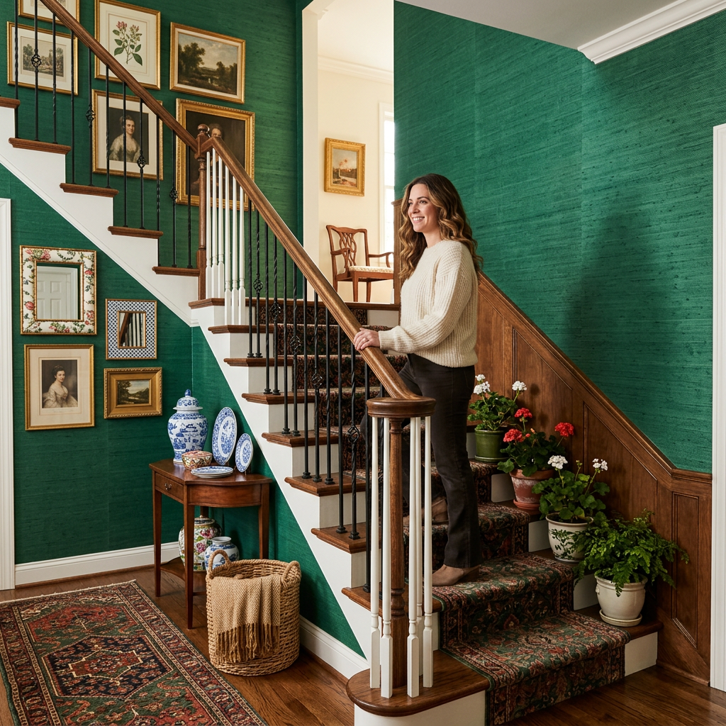 Emerald Grasscloth Wallpaper Ideas for Grandmillennial Stairs