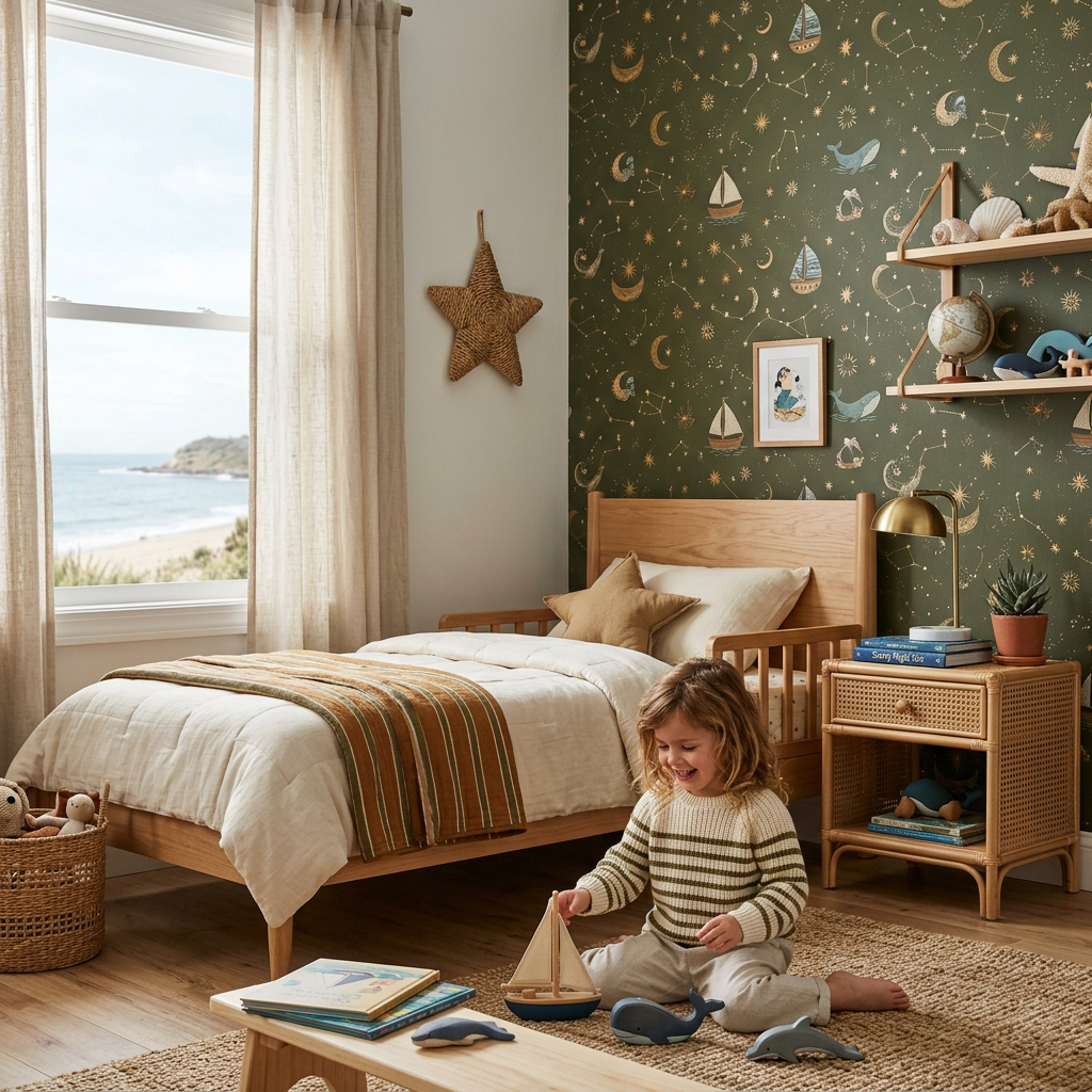 Olive Celestial Wallpaper Guide for Coastal Kids Rooms