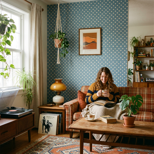 70s Retro Style: Dusty Blue Polka Dot Accent Walls