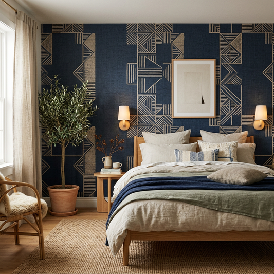 Japandi Navy Geometric Bedroom Wallpaper Ideas