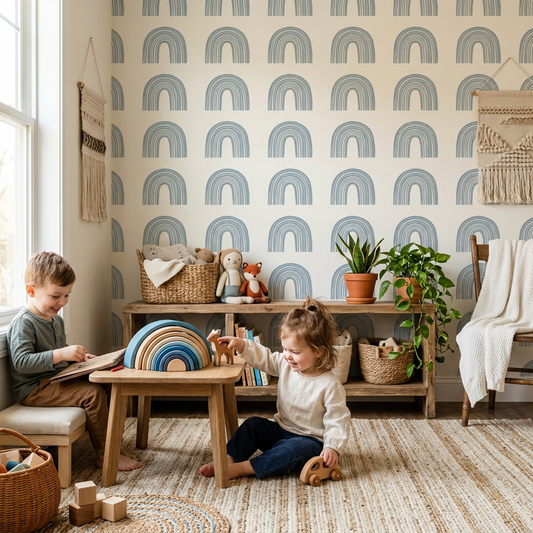 Dusty Blue Arch Wallpaper for Modern Rustic Playrooms