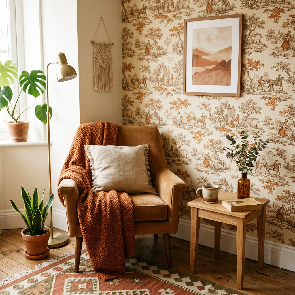 Retro 70s Warm Neutral Toile Accent Wall Guide
