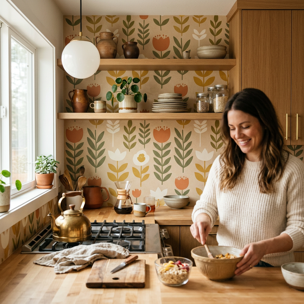 Sand Floral Mid-Century Modern Kitchen Backsplash Wallpaper