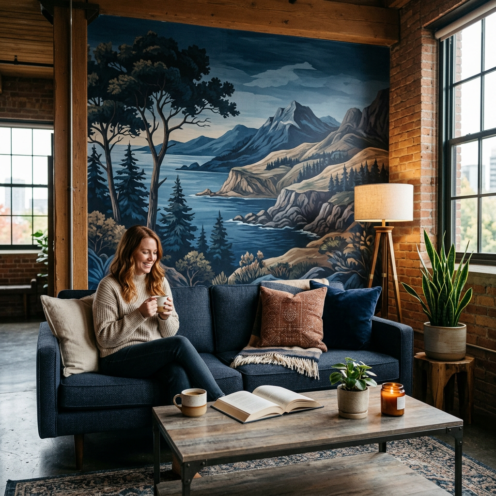 Navy Scenic Mural Wallpaper in Industrial Interiors