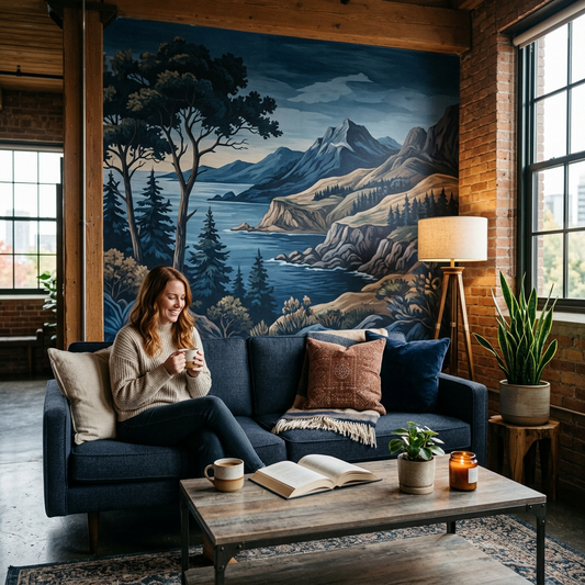 Navy Scenic Mural Wallpaper in Industrial Interiors