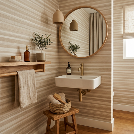 Japandi Sand Striped Wallpaper for Powder Rooms