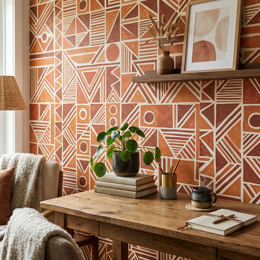 Terracotta Geometric Wallpaper in Modern Rustic Design