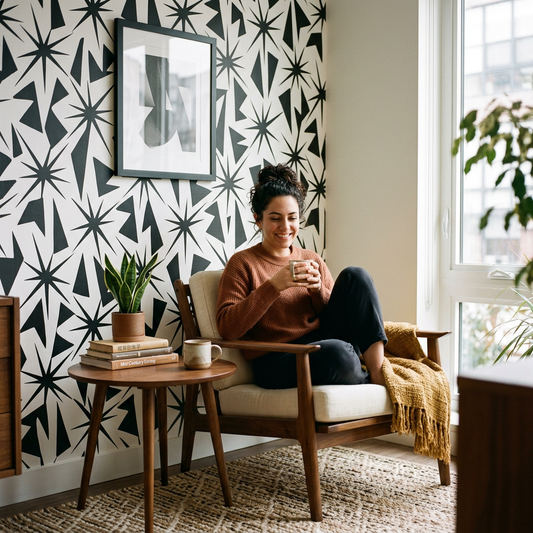 Black and White Mid-Century Wallpaper for Rentals