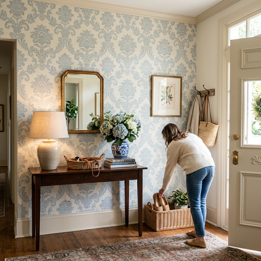 Dusty Blue Damask Wallpaper for Grandmillennial Entryways