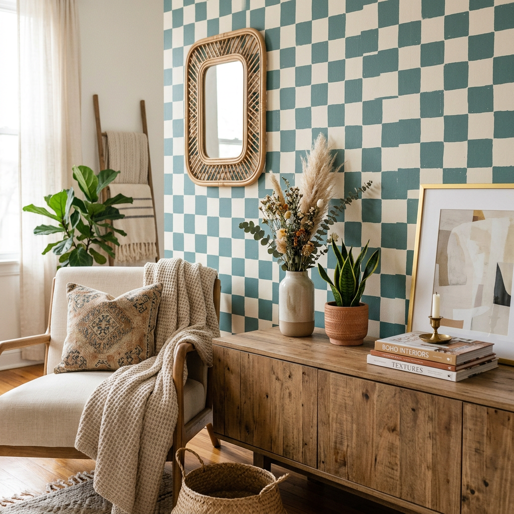 Muted Teal Boho Checkerboard Wallpaper Trend Report