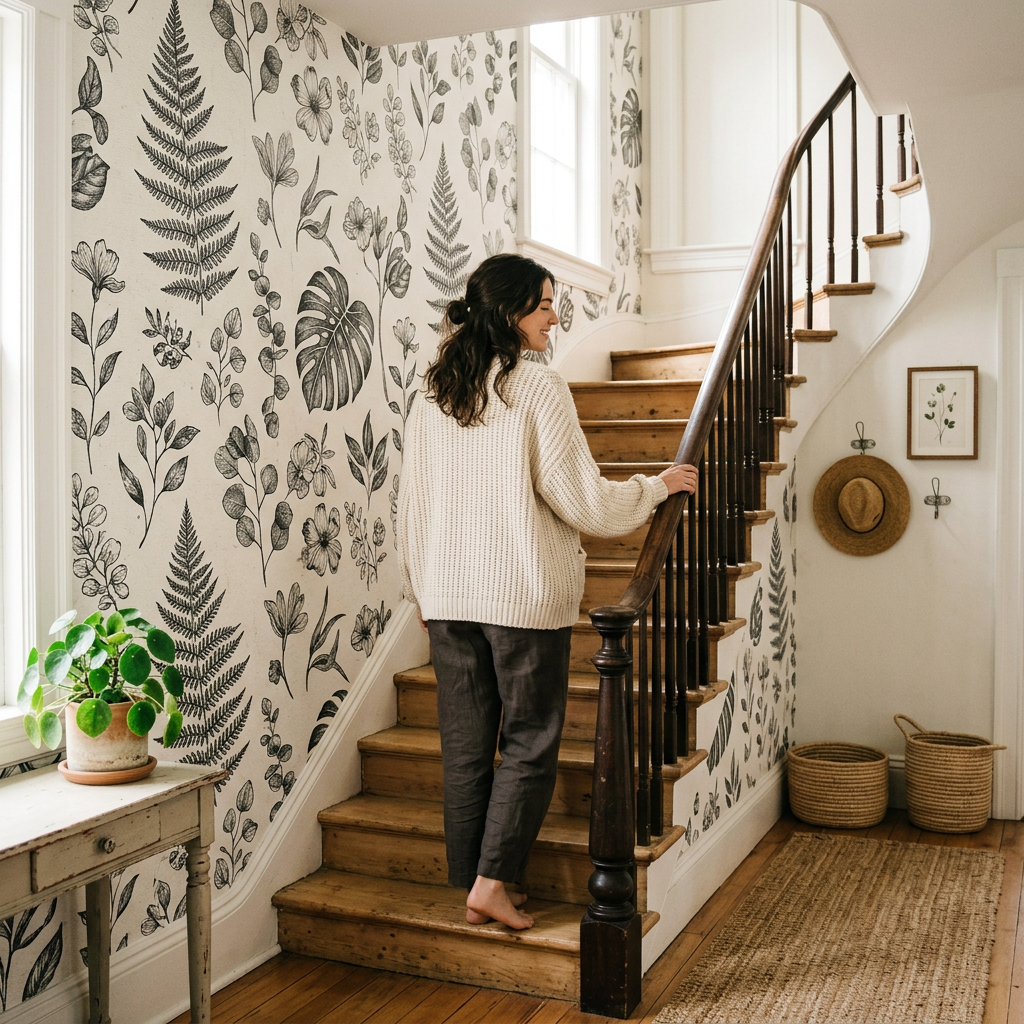 Black & White Botanical Stairwell Wallpaper: Boho Guide