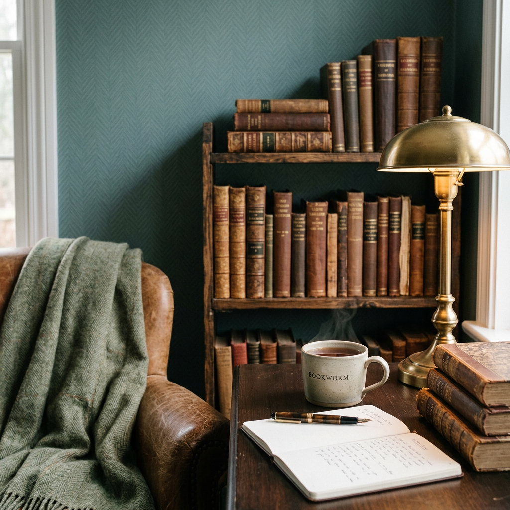 Muted Teal Herringbone Wallpaper for Dark Academia