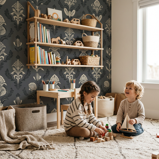 Charcoal Coastal Damask Wallpaper Playroom Guide