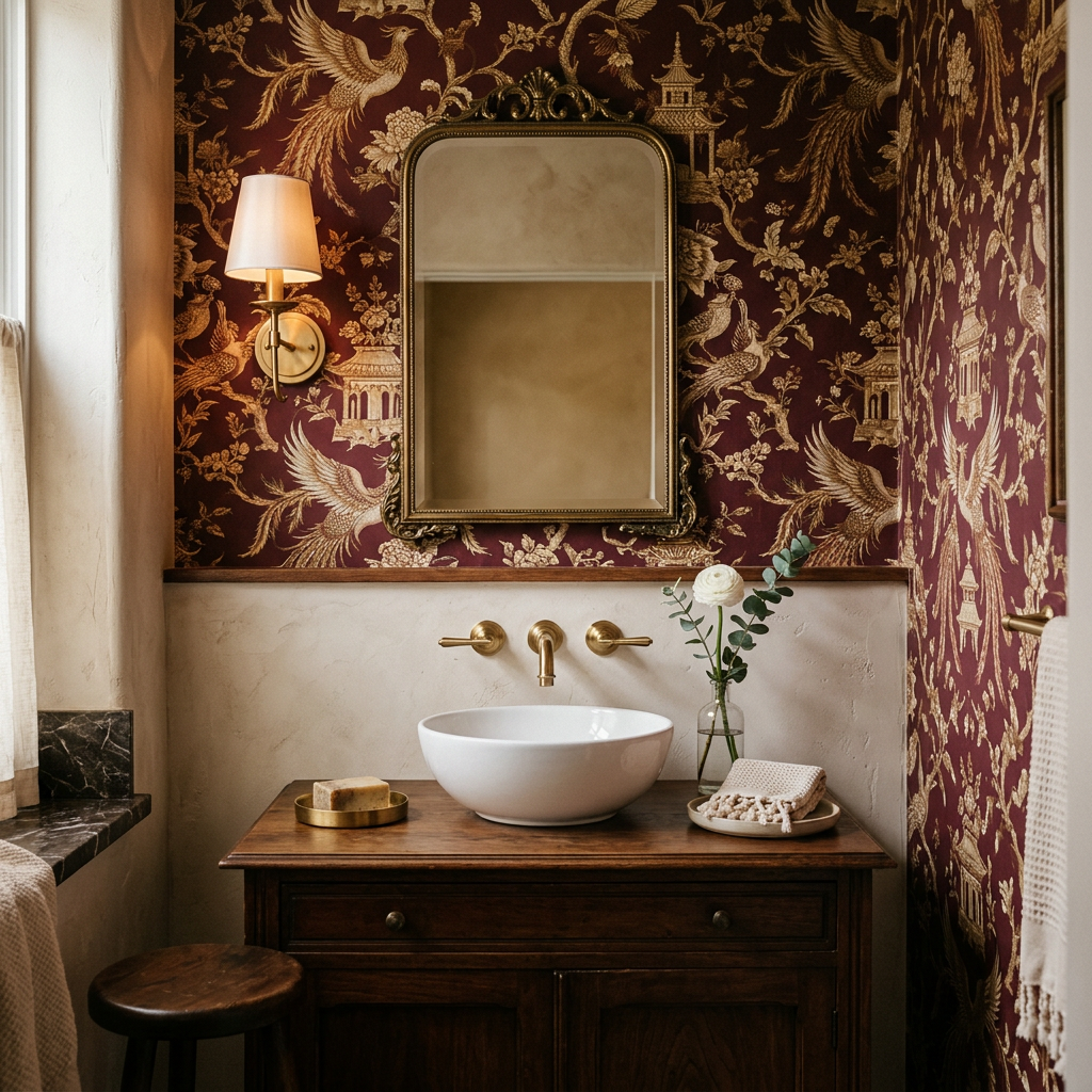 Styling Burgundy Chinoiserie Damask in Powder Rooms