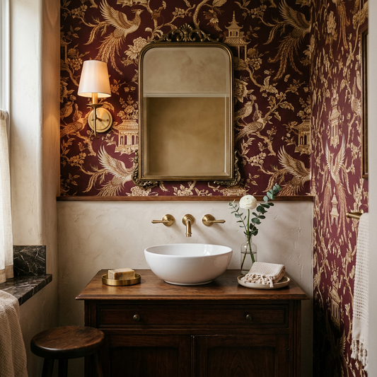 Styling Burgundy Chinoiserie Damask in Powder Rooms