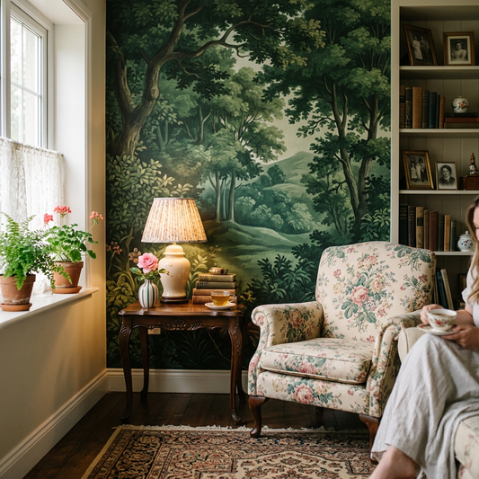 Forest Green Scenic Murals in Grandmillennial Decor