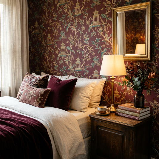 Burgundy Chinoiserie Bedroom Wallpaper Styling Guide