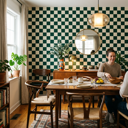 Emerald Checkerboard Wallpaper for Mid-Century Dining