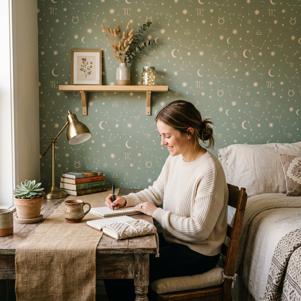 Sage Green Celestial Dorm Wallpaper: Farmhouse Style Guide